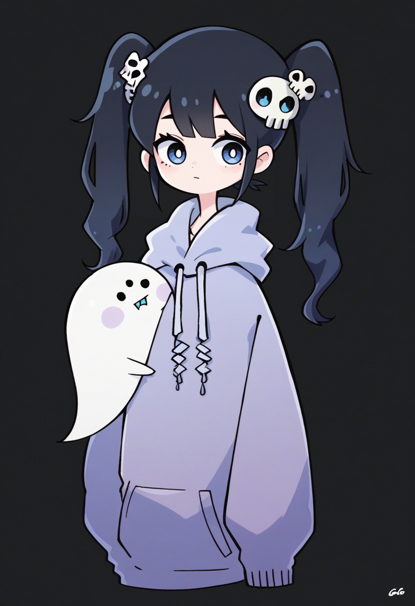 score_9, score_8_up, score_7_up, score_6_up, score_5_up,  garouma, 1girl, black hair, twintails, ghost, hood, hair ornament, solo, long hair, blue eyes, hoodie, long sleeves, upper body, skull hair ornament, black background, signature, bright pupils, hood down, white pupils, bangs, sleeves past wrists <lora:garoumaXLP:1>