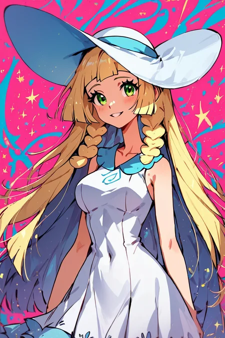 score_9, score_8_up, score_8, medium breasts, (curvy), cute, eyelashes, BREAK, , BREAK, zzlillie, long hair, braid, sun hat, white headwear, collarbone, sleeveless dress, white dress, <lora:Lillie_PonyXL:0.8>,, <lora:NebulaNoir:1.0>, multicolored, glowing,, BREAK, smile, looking at viewer, cowboy shot, embedding:zPDXL, Expressiveh, <lora:SDXLFaeTastic2400:0.5>, <lora:Expressive_H-000001:0.4>,