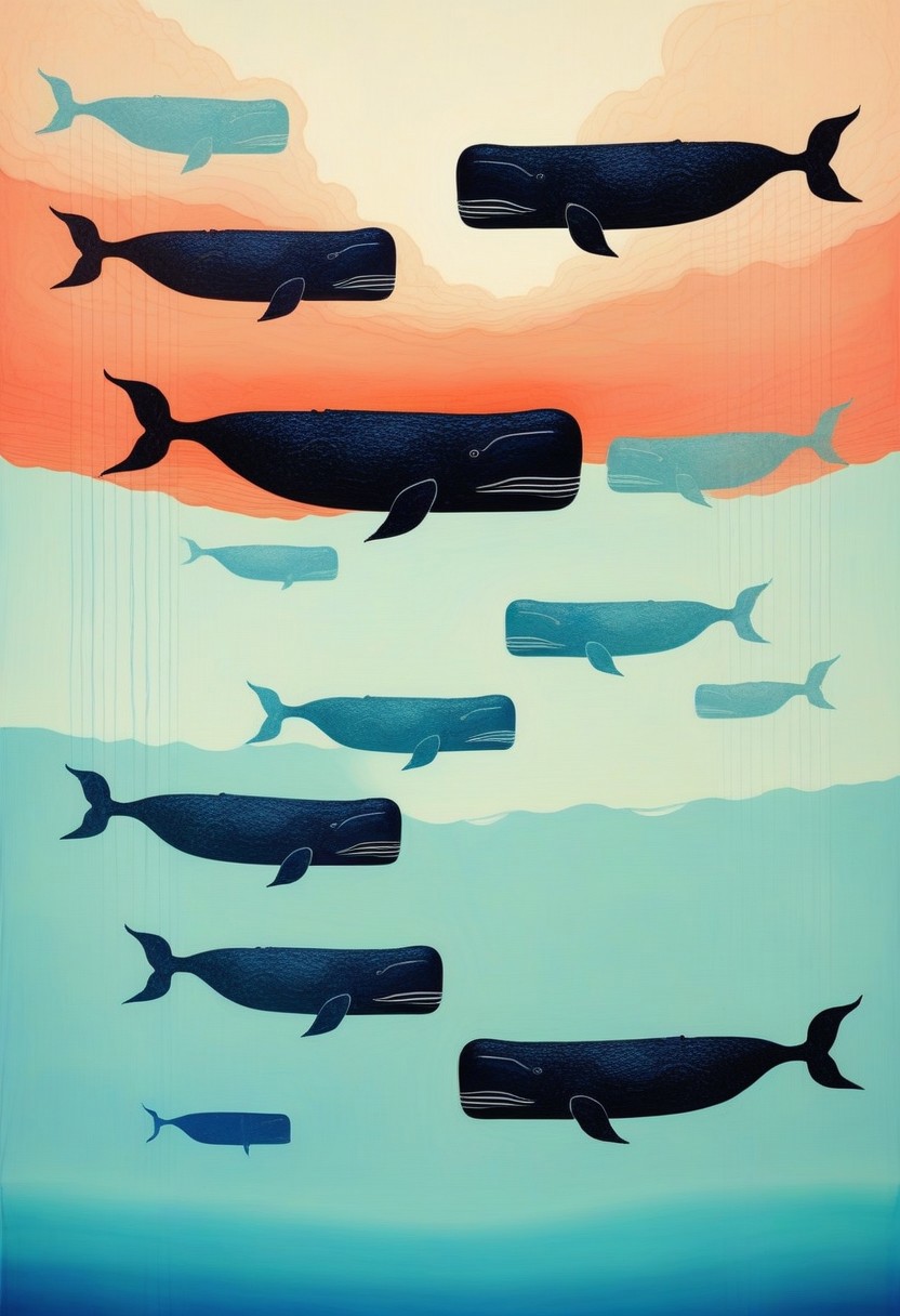 Nixpaint, oceanic scene, floating whales, no water—just endless sky below and above, iridescent colors,