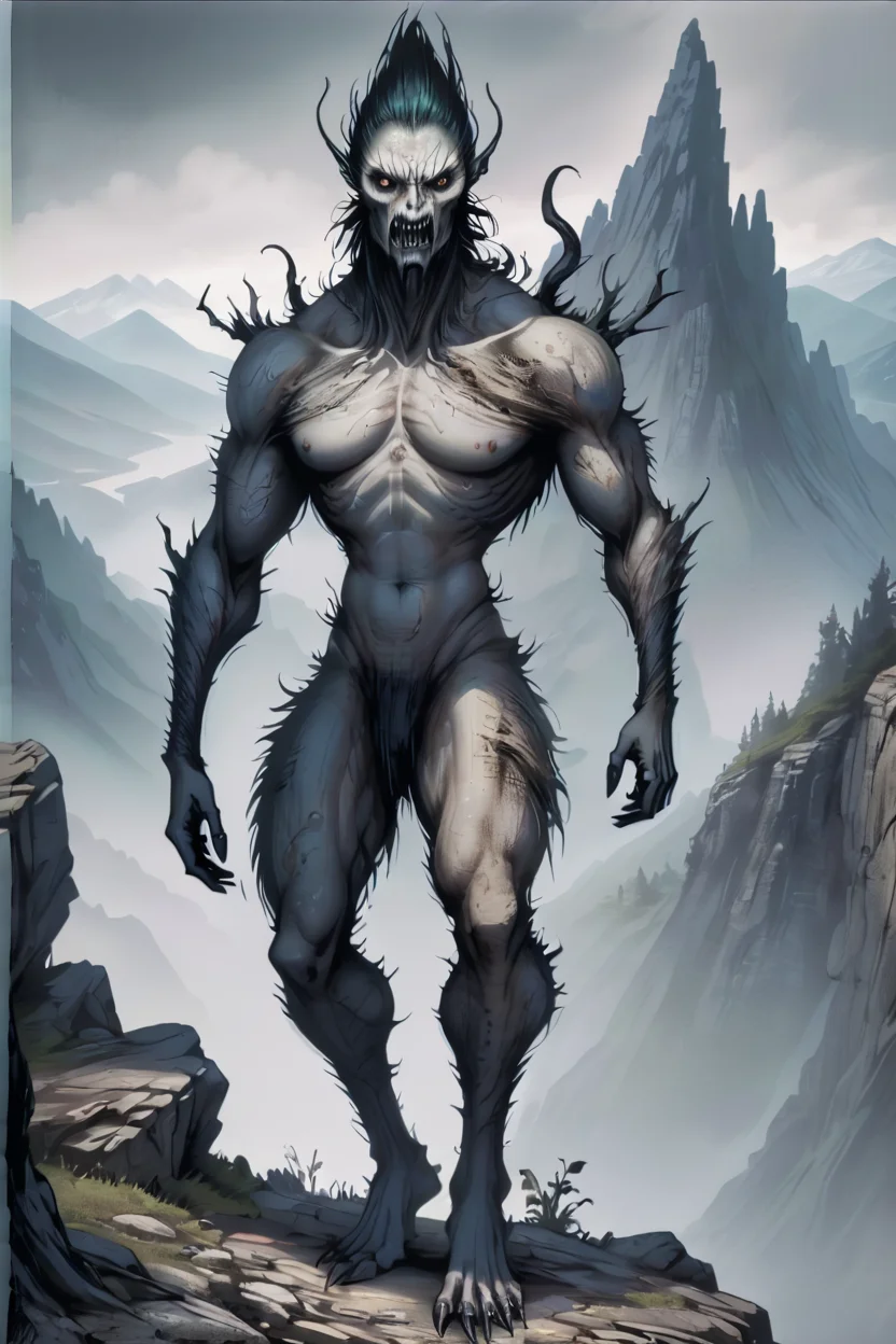 creepy, A steadfast mountain spirit, with rocky textures, standing tall and watching over a valley below.<lora:spirit_creepy-sdxl-prod-e-000026:1>