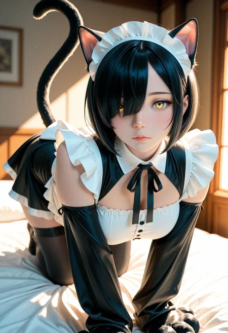 SmoothNoob_Quality, 1girl, mature, black short hair, bob cut, cat eyes, maid outfit, sleeveless, hair over one eye, cat paws, cat ears, long sleeves, golden eyes, expressionless, cute round face, all fours, crawling towards viewer, cat pose, cat tail, on bed, side lighting, depth of field, scenery, volumetric lighting, soft lighting, subsurface scathering, skin pores, detailed skin, soft shadow, skindentation,  <lora:Smooth_Booster_v3:0.5>