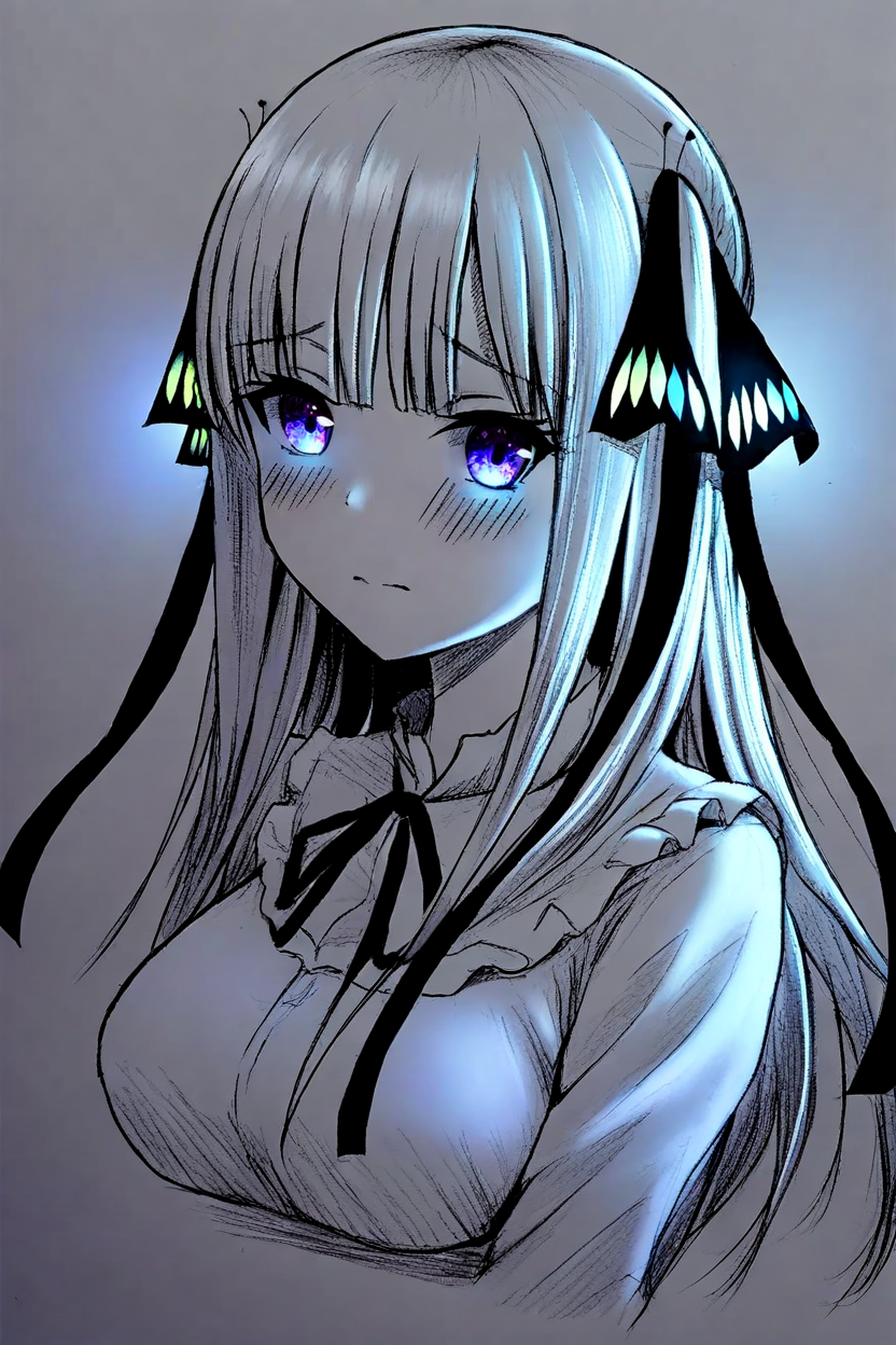<lora:NeonSketchEffect1llust:0.8>,neonsketcheffect,glowing sketch,glowing,spot color,
masterpiece,best quality,artistic composition,aesthetic design,monochrome,sketches,cropped torso, 1girl, butterfly hair ornament, nakano nino, bangs, hair ornament, long hair, blush, ribbon, blunt bangs, blue eyes, looking at viewer, black ribbon, breasts, solo, purple eyes, monochrome, hime cut