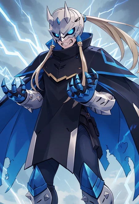 score_4,score_5,score_6,score_7_up,score_8_up,score_9 ((masterpiece,best quality,ultra detailed,highres,HD,4k:1.2)),
1 girl, solo, blonde, long hair, ponytail, blue eyes, round eyes, mask, horns, cape, cloak, armor, spikes, gauntlets, standing,
Lightning, thunder, thunderbolt, green lightning, clenching teeth, sharp teeth, angry,