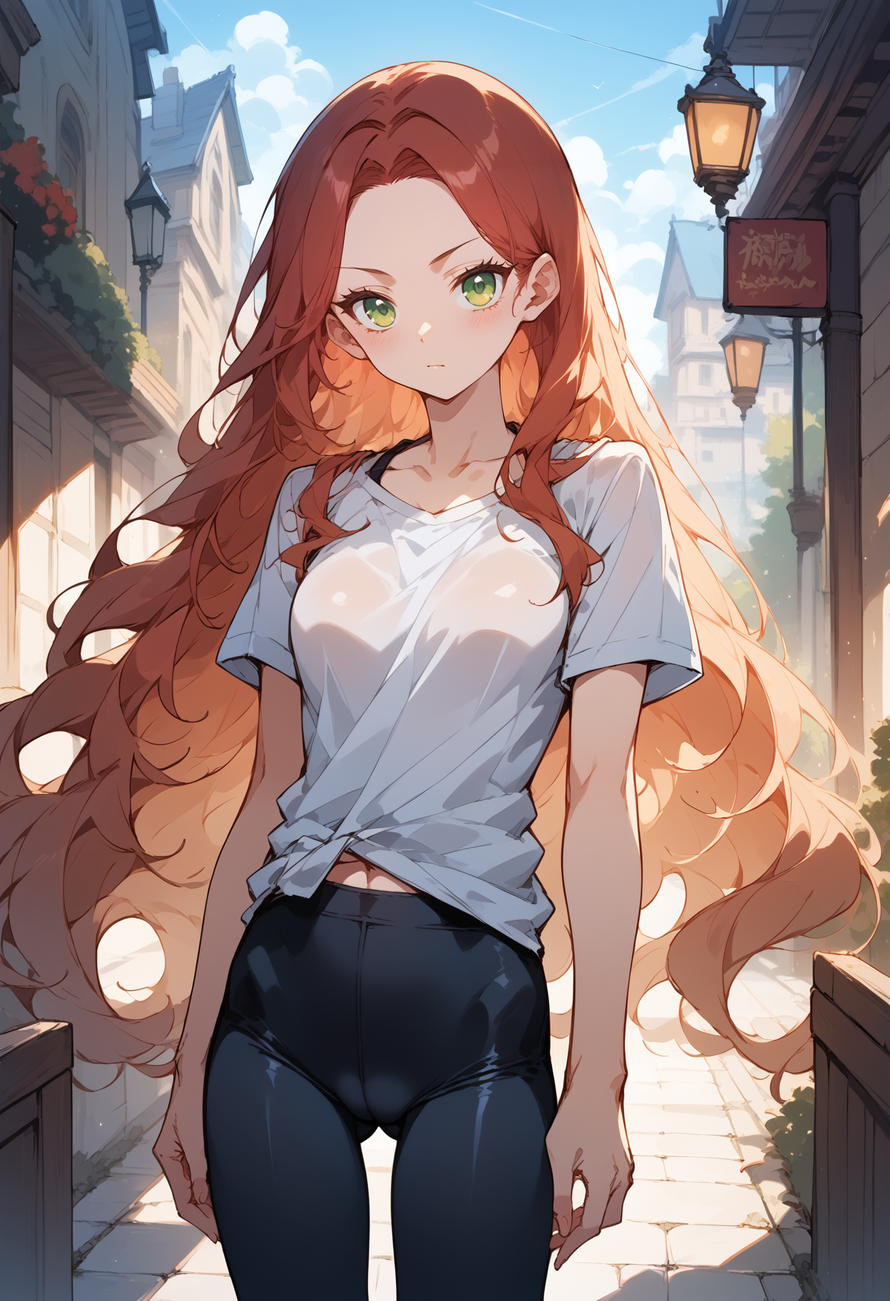 score_9,score_8_up,score_7_up,score_6_up,source_anime,absurdres,
BREAK <lora:Florentia_Lombardi:0.8>,FlorentiaLombardi,1girl,solo,skinny,toned,perfect anatomy,forehead,red hair,very long hair,green eyes,long eyelashes,shirt,tight pants,