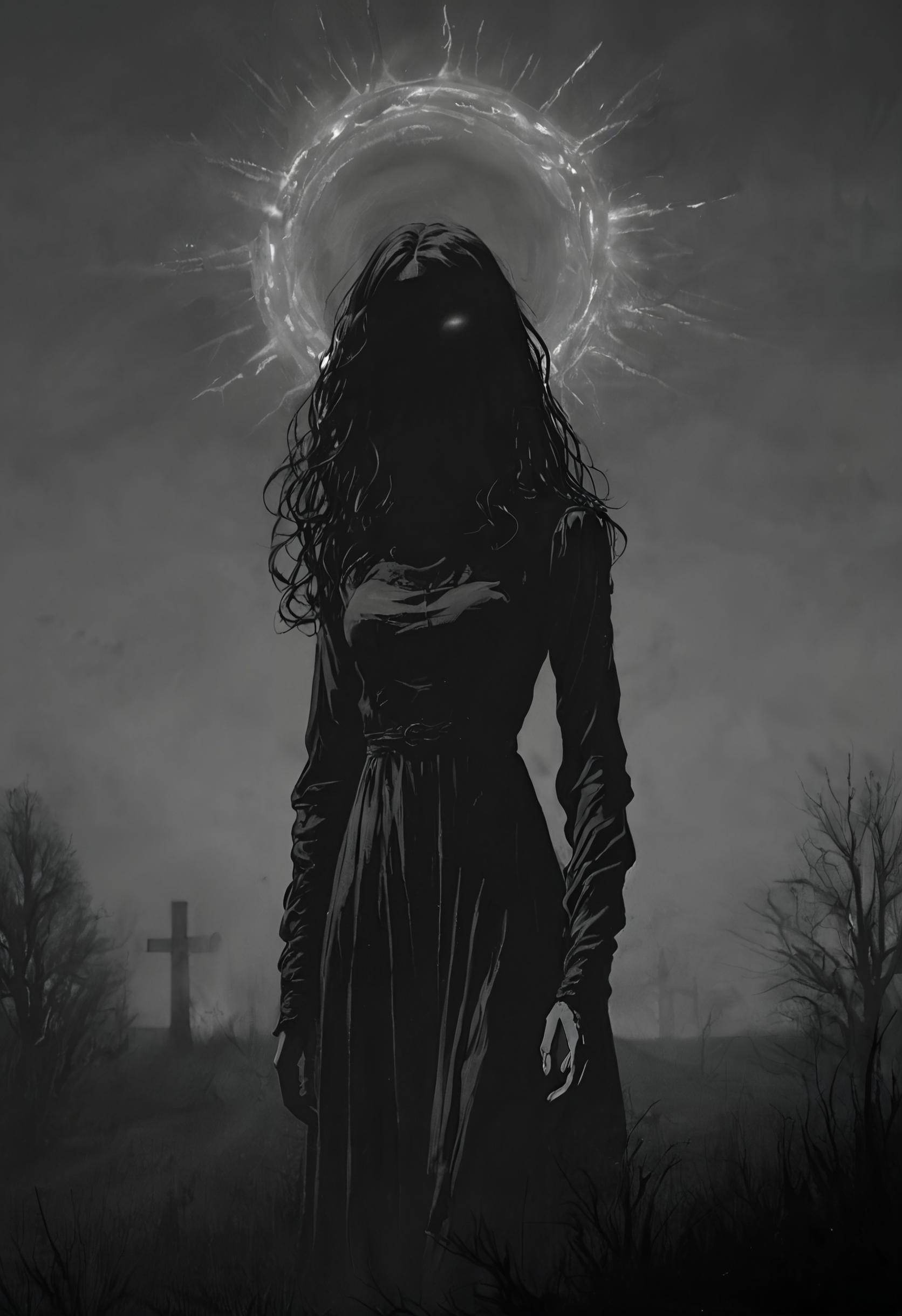 score_9, score_8_up, score_7_up, source_photo, Firelit cave atmosphere, banshee, dark fantasy, ghostly female, pale translucent skin, hollow black eyes, tattered white dress, long flowing hair, wailing expression, eerie graveyard, foggy night, moonlight shadows, spectral aura, twisted trees, horror, ethereal glow, unsettling atmosphere, detailed background, grim, cinematic lighting, ultra-detailed, 8k resolution, Angled thigh shot, rating_safe, <lora:pony\nocturnal_indecent:1.0000000000000002>