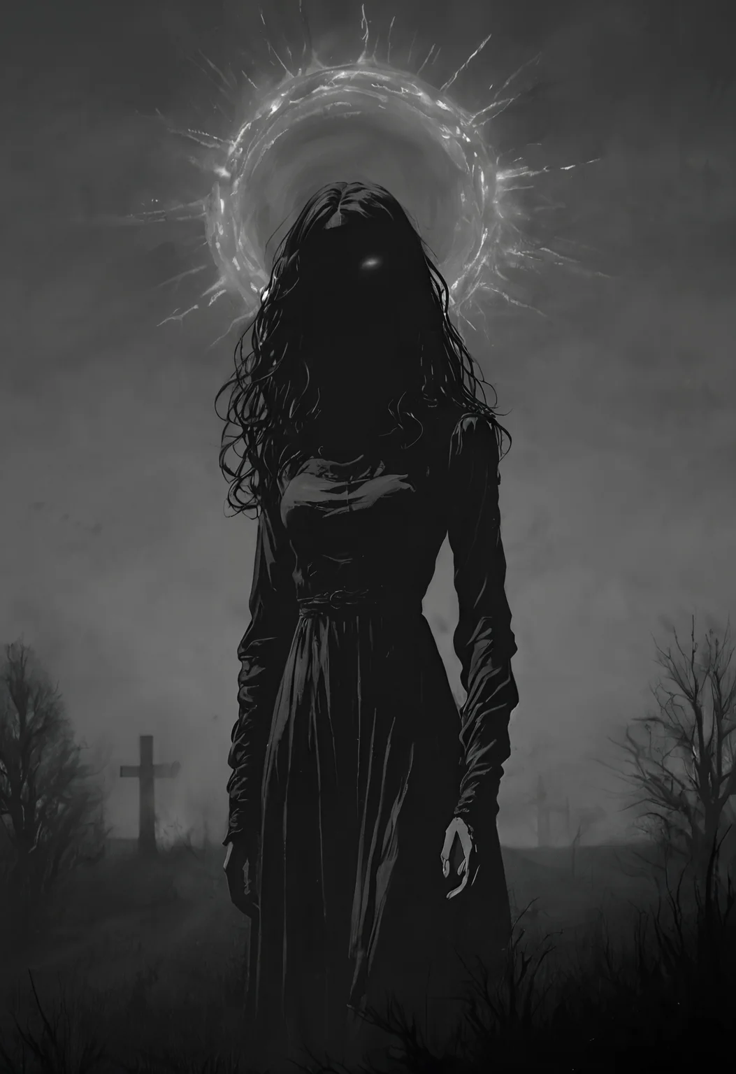 score_9, score_8_up, score_7_up, source_photo, Firelit cave atmosphere, banshee, dark fantasy, ghostly female, pale translucent skin, hollow black eyes, tattered white dress, long flowing hair, wailing expression, eerie graveyard, foggy night, moonlight shadows, spectral aura, twisted trees, horror, ethereal glow, unsettling atmosphere, detailed background, grim, cinematic lighting, ultra-detailed, 8k resolution, Angled thigh shot, rating_safe, <lora:pony\nocturnal_indecent:1.0000000000000002>