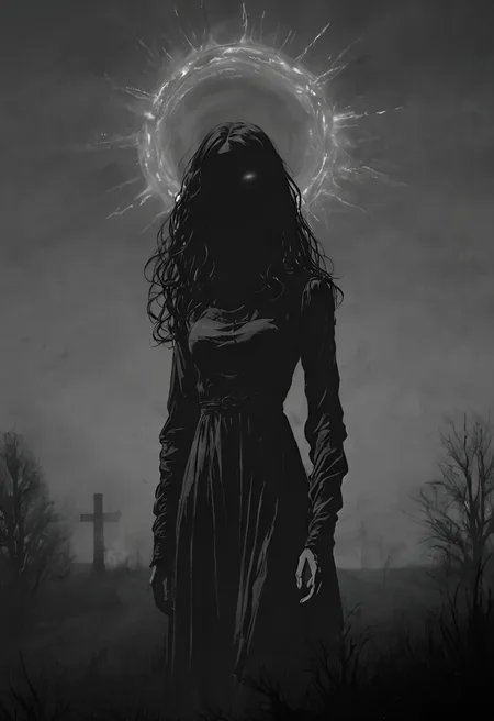 score_9, score_8_up, score_7_up, source_photo, Firelit cave atmosphere, banshee, dark fantasy, ghostly female, pale translucent skin, hollow black eyes, tattered white dress, long flowing hair, wailing expression, eerie graveyard, foggy night, moonlight shadows, spectral aura, twisted trees, horror, ethereal glow, unsettling atmosphere, detailed background, grim, cinematic lighting, ultra-detailed, 8k resolution, Angled thigh shot, rating_safe, <lora:pony\nocturnal_indecent:1.0000000000000002>