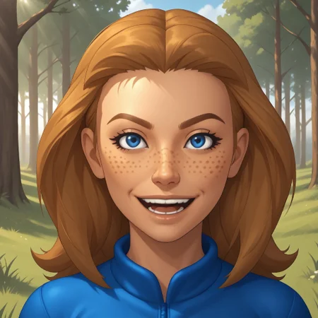 score_9, score_8, BREAK, solo, mii, wii, dark blonde hair, blue eyes, freckles, open mouth, teeth, half-tree shaped nose, royal blue clothing, 1girl, black leggings, breasts, abby_(\wii_sports\), wii sports, female mii, 1girl, cute, shoes, Nintendo Mii, modern_mii, classic_mii, sexy pose, smile, outdoors, sunlight, shadows, evening lighting, natural lighting, forest, trees, grass, orange sky, sunset