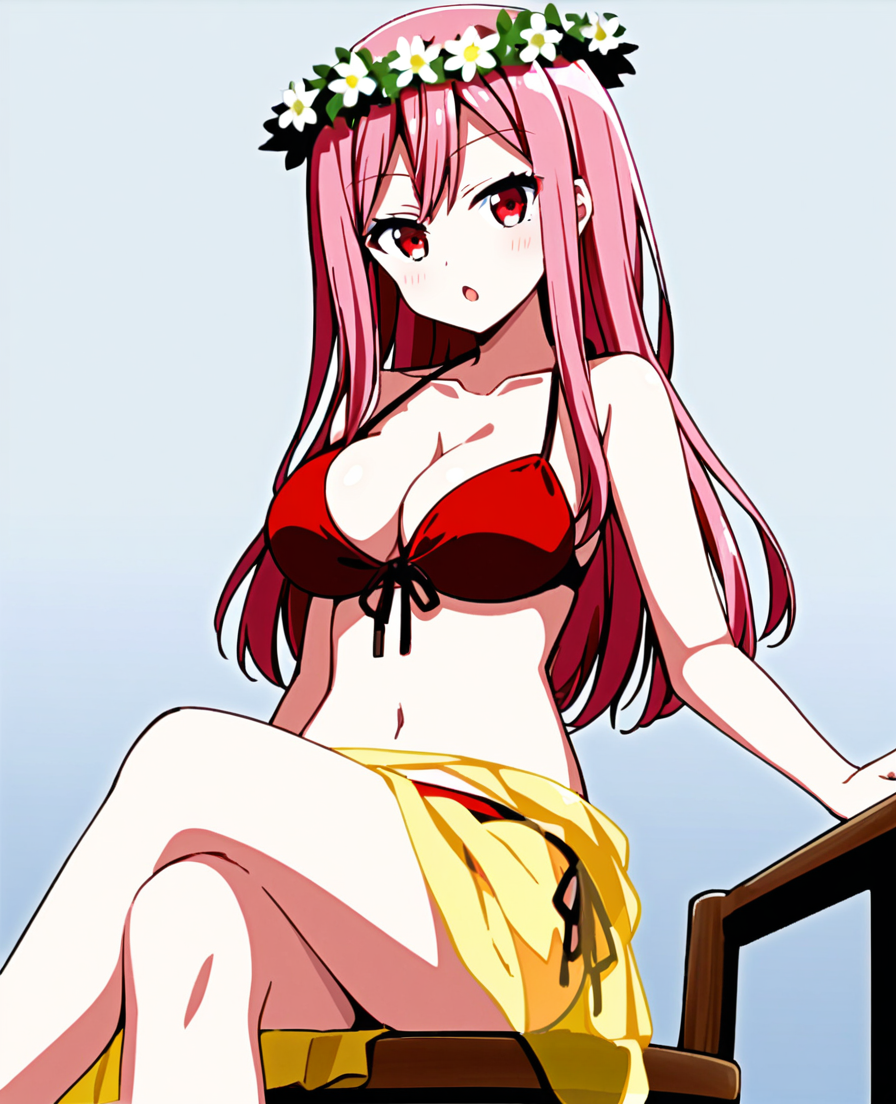 character: Mizuki (ç¾æ), 1girl, solo, sitting on chair, long hair, pink hair, large breasts, flower, red eyes, white head wreath, :o, yellow sarong, cleavage, navel, collarbone, red bikini, front-tie bikini top<lora:Mizuki (ç¾æ) v5 (æ­£ååå¾ç¿»è½¬)-000015:1>, crossed legs,