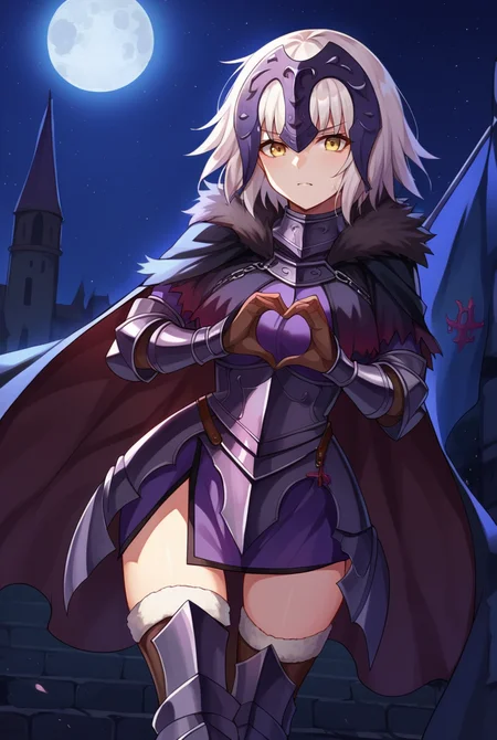 score_9, score_8_up, score_7_up, score_6_up,score_5_up,score_4_up, source_anime BREAK 1girl, solo, cowboy shot, <lora:Jeanne_Darc_Alter_Sdxl-09:1>, Jeanne_Armored, white hair, short hair, yellow eyes, headpiece, black armor, breastplate, short dress, armored skirt, vambraces, underbust, metal collar, fur-trimmed capelet, cloak, belt, scabbard, thighhighs, armored boots, thighhighs under boots, blood on clothes, large breasts, wide hips, outdoors, battlefield, medieval, night, moon, heart hands,