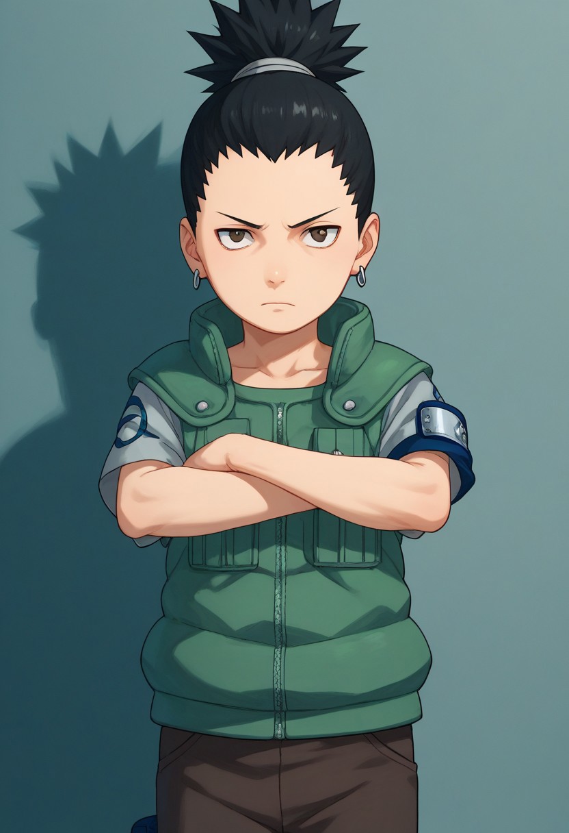 score_9, score_8_up, score_7_up, highly detailed, cute boy, 1boy, solo, young, Shikamaru_Nara, Brown Eyes, Black Hair, Ponytail, Earrings, Flak Jacket, vest, Armband, Brown Pants, Arms crossed,