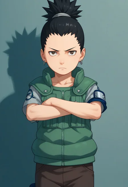score_9, score_8_up, score_7_up, highly detailed, cute boy, 1boy, solo, young, Shikamaru_Nara, Brown Eyes, Black Hair, Ponytail, Earrings, Flak Jacket, vest, Armband, Brown Pants, Arms crossed,