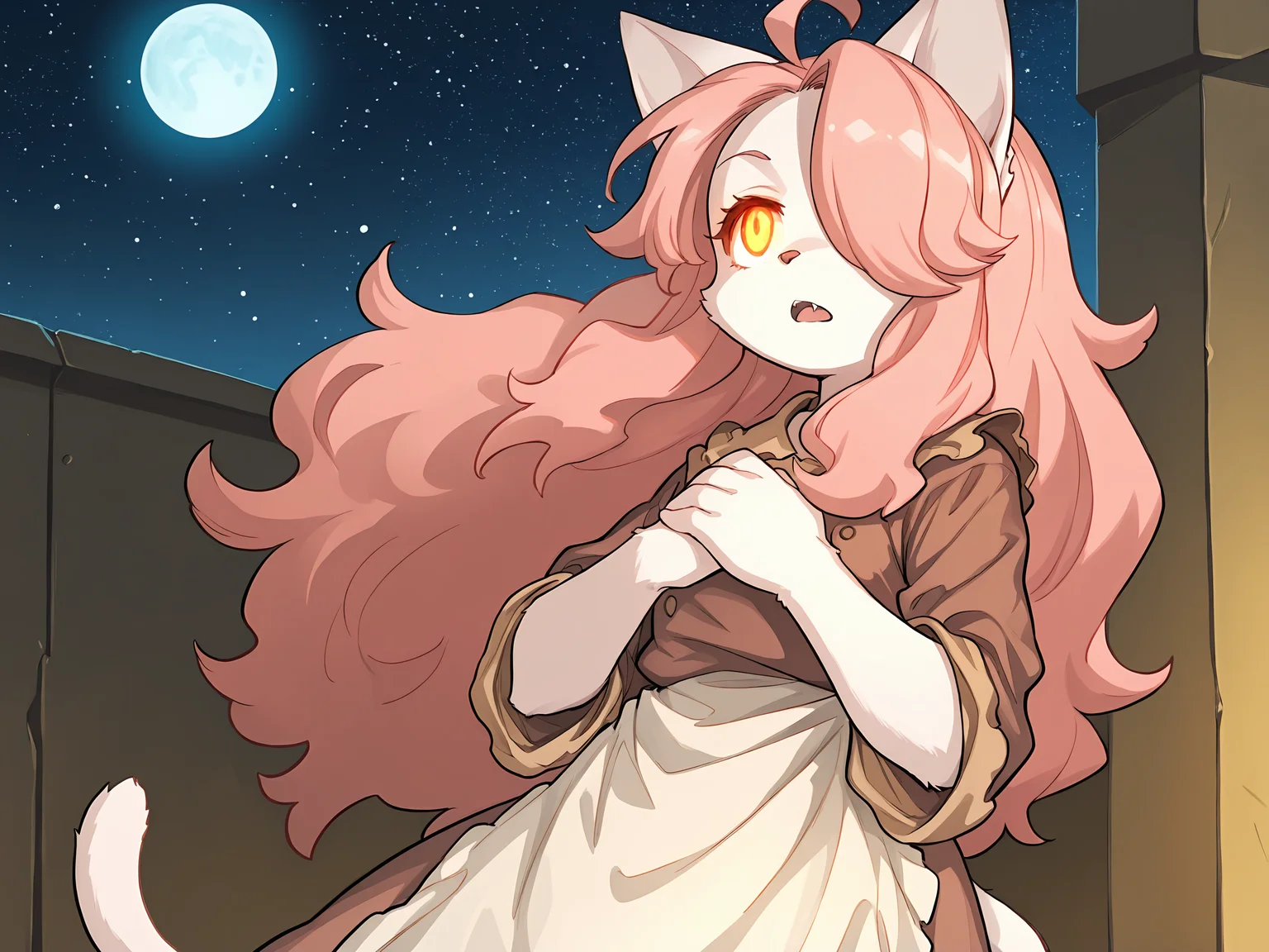 BREAK, <lora:Hanna_Fondant:1>, hanna fondant, fuga: melodies of steel, kemono, furry female, young female, 1girl, cat girl, white fur, pink eyes, pink hair, long hair, ahoge, hair over one eye, animal ears, cat ears, cat tail,
BREAK, Fuga 1 Outfit, brown dress, white apron,
BREAK, solo, half body, outside, midnight, stars, moon, standing, serious, determined, hopeful, hands together, hands on chest, narrowed eyes, glowing eyes, frown, open mouth, looking away, low angle view