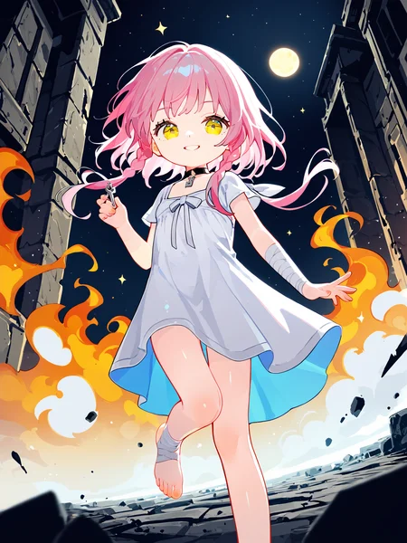 score_9,score_8_up,score_7_up,solo,(anime),(full body:0.9),from below,standing,pose,leg up,masterpiece,very aesthetic,seductive,looking at viewer,small breasts,aesthetic,pastel colors,outdoors,(fantasy),colored inner hair,absurdres,incredibly absurdres,pale skin,anime style,key visual,seductive,(intimate atmosphere),floating hair,choker,star \(symbol\),perfect legs,skin tight,close up,socks,little_girl,fire,barefoot,<lora:fangdongye_v3.0:0.65>,petite,child,dynamic_angle,depth of field,long dress,beckoning,changli,pink hair,yellow eyes,braid,white dress,bandages,short hair with long locks,<lora:Little_Changli__Wuthering_Waves__WuWa:0.2>,pyrokinesis,ruins,seductive_smile,
