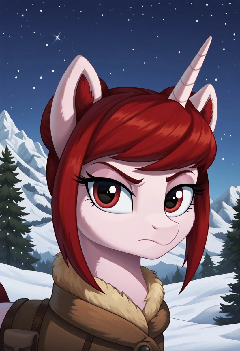 score_9, score_8_up, score_7_up, score_6_up, score_5_up, score_4_up, my little pony, solo, pony, feral pony, Rosa Maledicta, (Queen of Bones), mountains, winter, snow, night, stars, serious, look at you, beautiful, detailed, detailed fur, beautiful, vector, flat colors, (beautiful long eyelashes), ((close-up)), high angle