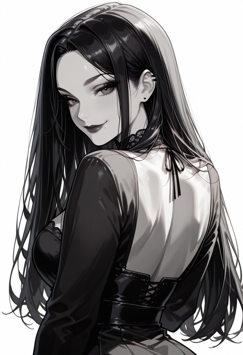 score_9, score_8_up, score_7_up, masterpiece, best quality, 32k, high resolution, absurdres, Morgana, MorganaRH , 1girl, very long black hair, parted hair, straight hair, black eyes, one mole under the mouth, large breasts, large hips, short tube dress,  sexy pose, seductive, white background, goth,  face closeup, smiling, closed mouth, Dutch angle,  monochrome,b/w, portrait, back view, from behind shot