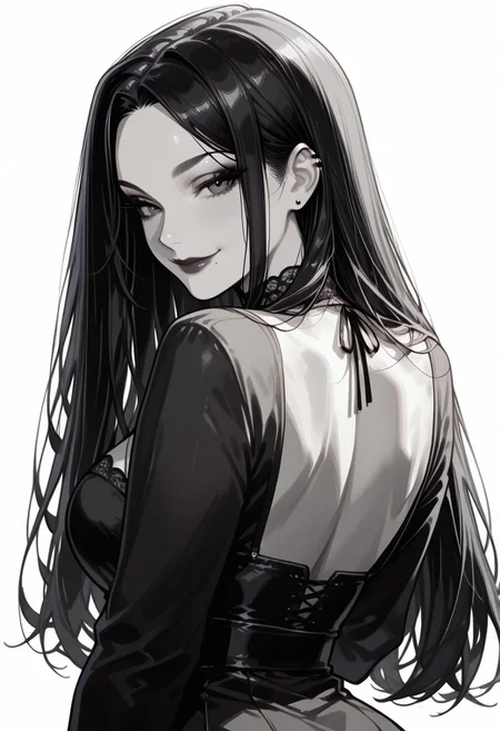score_9, score_8_up, score_7_up, masterpiece, best quality, 32k, high resolution, absurdres, Morgana, MorganaRH , 1girl, very long black hair, parted hair, straight hair, black eyes, one mole under the mouth, large breasts, large hips, short tube dress,  sexy pose, seductive, white background, goth,  face closeup, smiling, closed mouth, Dutch angle,  monochrome,b/w, portrait, back view, from behind shot