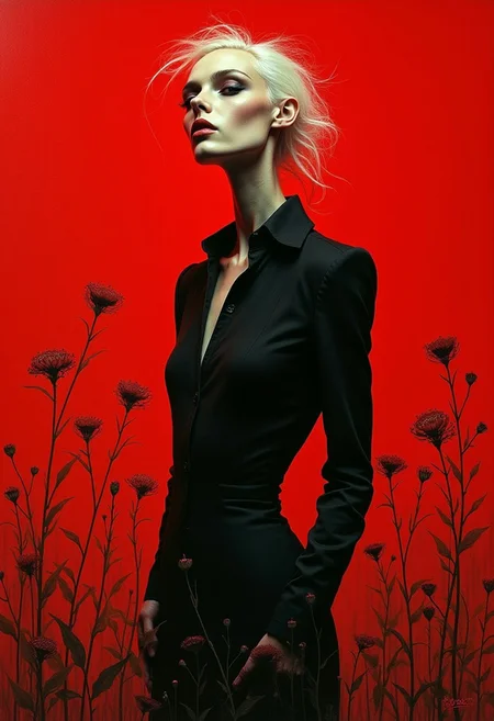 She was beautiful, gaunt and elegant. Her face was long and pale, her eyes were pale, small and close beside her long nose; she had prominent front teeth; her hair was an unruly shock of white tufts. She projected authority, a fierce character, unfilled love promises and a deep love of the past.
• red background, high contrast, deep shadows, surreal, creepy ultra detailed, abundant delicate flowers, overlay pale red light, high red contrast, deep red shadows, red landscape surreal.•