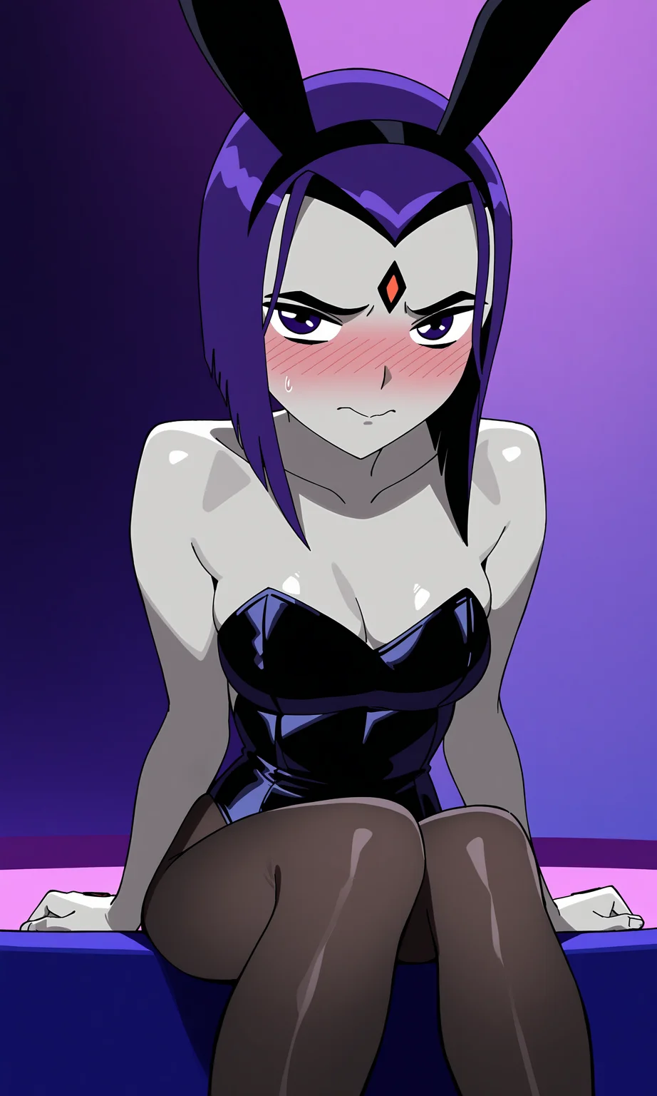 masterpiece, best quality, high resolution, absurdres, 1girl, raven, purple_eyes, purple_hair, short_hair, medium_breasts, playboy_bunny, fake_animal_ears, strapless_leotard, black_pantyhose, looking_at_viewer, embarrassed, smile, wavy_mouth, closed_mouth, sitting, on_sofa,