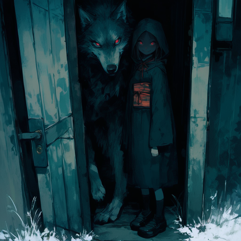 score_9, score_8_up, score_7_up, score_6_up, 1girl, large breasts, long hair, smile, <lora:cr33pp41ntXLP:1> cr33pp41nt, wolf, feral, dark, doorway,