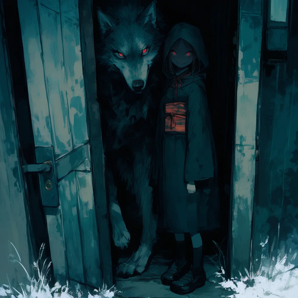 score_9, score_8_up, score_7_up, score_6_up, 1girl, large breasts, long hair, smile, <lora:cr33pp41ntXLP:1> cr33pp41nt, wolf, feral, dark, doorway,