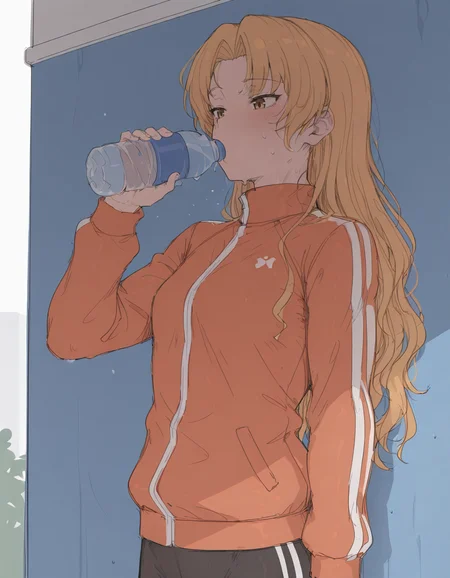 <lora:mdf-illustrious-000020:0.75> on3n4in7r4ack, hair down, small breasts, orange jacket, track jacket, bike shorts,
1girl, solo, holding, water bottle, drinking, sweat, upper body
