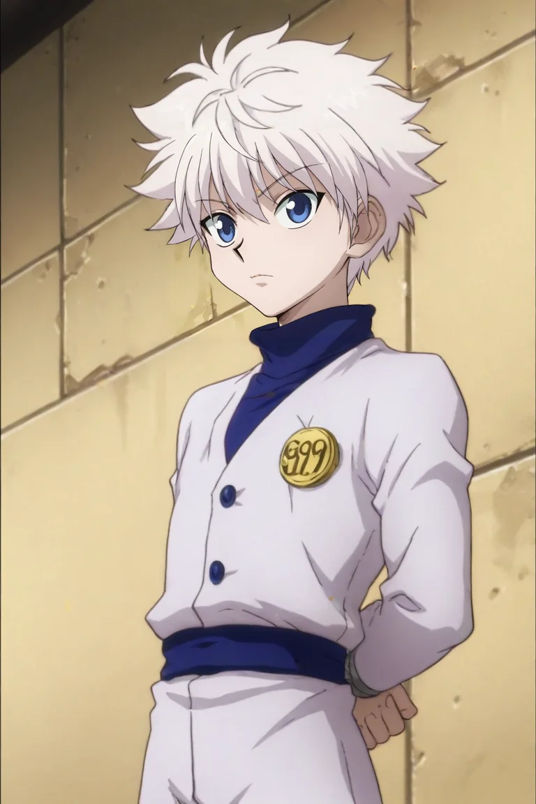 score_9, score_8_up, score_7_up, score_6_up, score_5_up, score_4_up, BREAK source_anime, (best quality:1.1), (masterpiece:1.4), looking at viewer, upper body, , 1boy, solo, male focus, <lora:killua_zoldyck_pony:0.94>, killua_zoldyck, white hair, blue eyes, , bowler hat, science fiction hard science fiction, Hands behind back, suggesting confidence or restraint, <lora:sdxl_lightning_8step_lora:1>