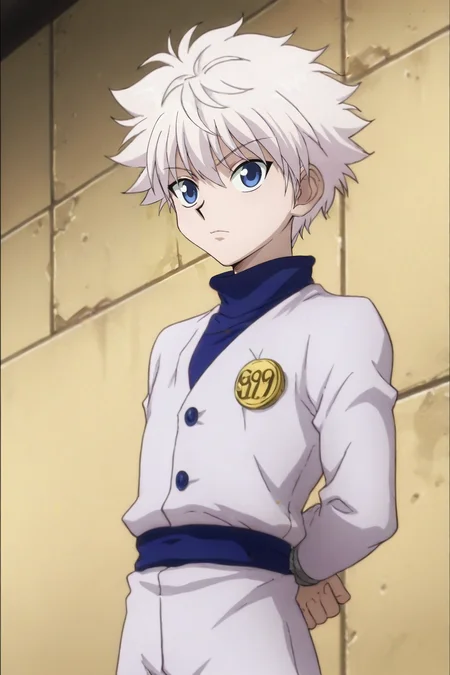 score_9, score_8_up, score_7_up, score_6_up, score_5_up, score_4_up, BREAK source_anime, (best quality:1.1), (masterpiece:1.4), looking at viewer, upper body, , 1boy, solo, male focus, <lora:killua_zoldyck_pony:0.94>, killua_zoldyck, white hair, blue eyes, , bowler hat, science fiction hard science fiction, Hands behind back, suggesting confidence or restraint, <lora:sdxl_lightning_8step_lora:1>