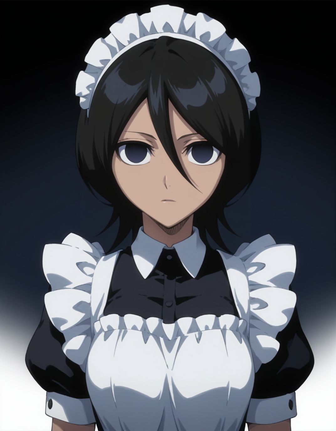 masterpiece, best quality,  <lora:Mind_Controlled_Rukia:1>, 4ukia, short hair, black hair, dark blue eyes, empty eyes, (maid:1.2), upper body, arms at sides,