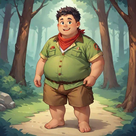 score_9, score_8_up, score_7_up, source_anime, obese, wearing a boyscout uniform, wearing shorts, wearing boy scout shirt, unbuttoned, wearing neckerchief, standing, summer camp background, 1boy, solo, forest background, happy mood, young, dark hair, messy hair, barefoot, chibfurri, five toes, cub.