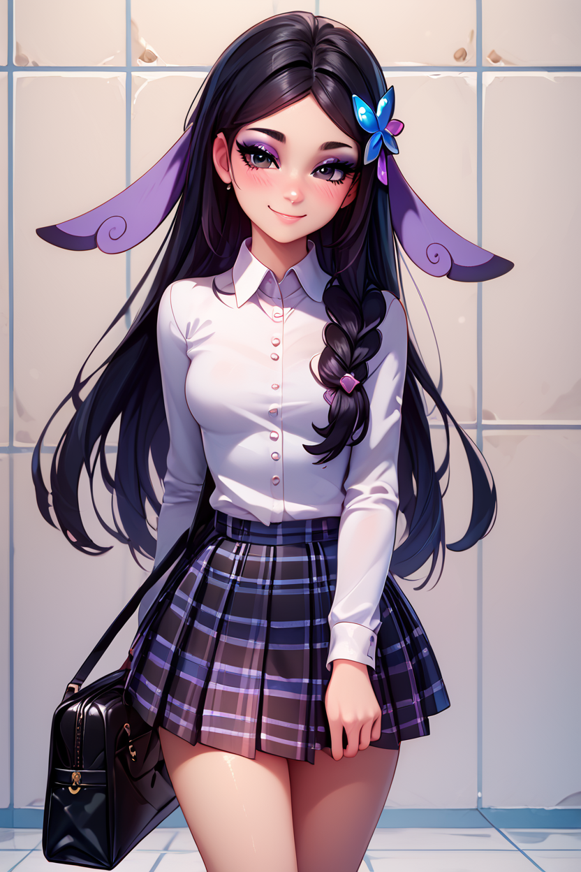 score_9, score_8_up, score_8, medium breasts, (curvy), cute, eyelashes,       BREAK, ,  zzValerie, long hair, black hair, black eyes, parted bangs, eyeshadow, hair ornament,    <lora:ValeriePokemonPDXL:0.8>, , BREAK, closed mouth, alternate costume, smile, looking at viewer, collared shirt, blush, sweater, black skirt, eyelashes, long sleeves, sleeves past wrists, plaid skirt, shoulder bag, black bag, blurry, tile floor, pleated skirt, white shirt,  embedding:zPDXL, Expressiveh,  <lora:Vivid:0.7>,  <lora:Uncensored_PonyXL_cpt_v02.09:0.4>,  <lora:Expressive_H-000001:0.4>,