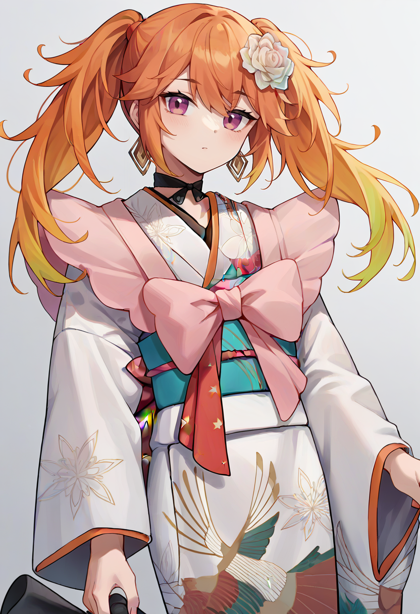 score_9,score_8_up,score_7_up,score_6_up,score_5_up,score_4_up,
1girl, takanashi kiara, black choker, white kimono, floral print kimono, obi, pink capelet, long hair, twintails, messy hair, bow, hair flower, gradient hair, obijime, 
solo, grey background, simple background, cowboy shot, looking at viewer,
<lora:KiaraV1Ponyxl:1>