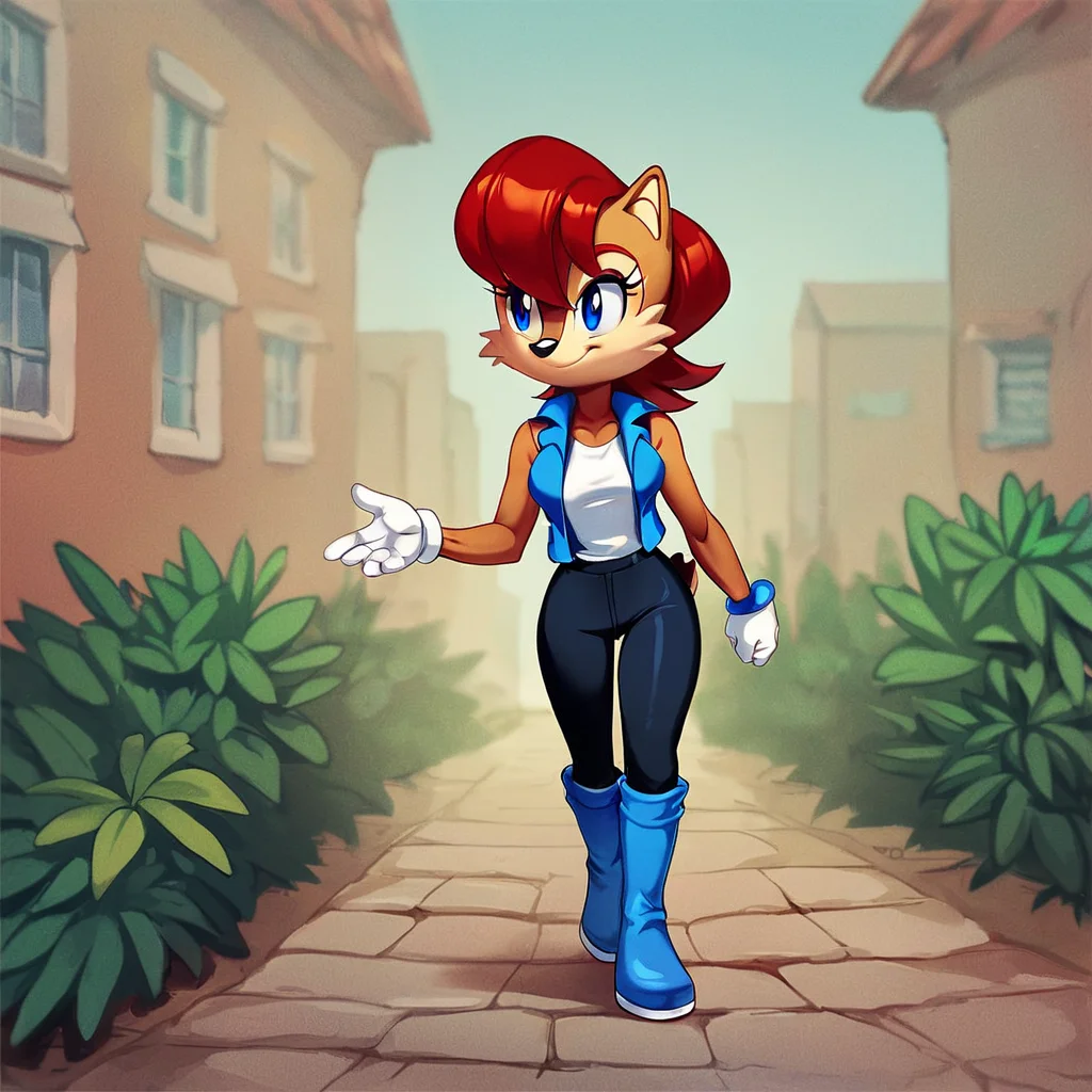 score_9, score_8_up, score_7_up, score_6_up, score_5_up, score_4_up, (Source furry), (rating questionable), <lora:SallyAcornpny:1>, sally acorn, blue eyes, red hair, short hair, bangs, smile, blue eyes, furry female, wearing black pants blue vest white sleeveless shirt, blue boots white gloves, walking outside, sunny, 1girl, solo, detailed background