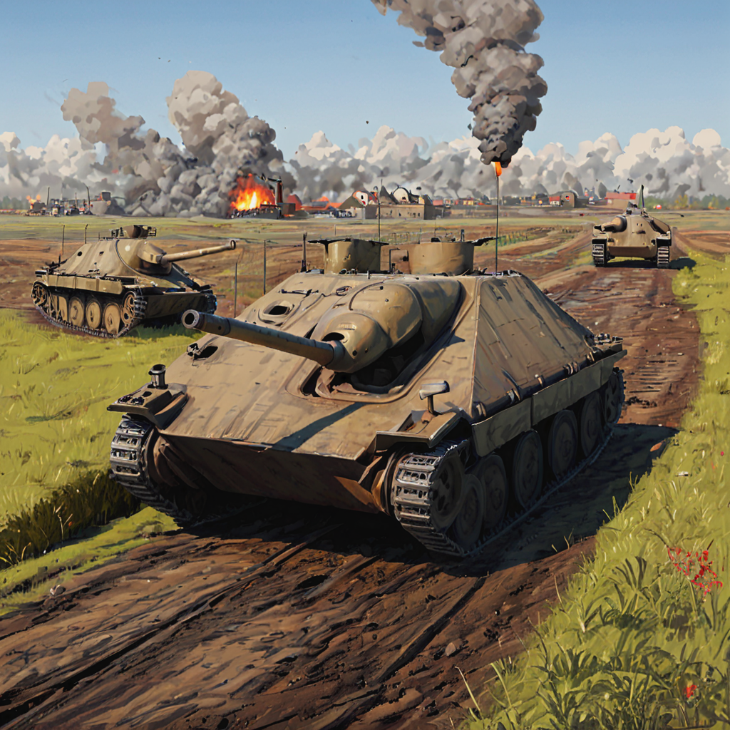 In the aftermath of a fierce battle on the Eastern Front, a damaged htztnk tank is towed to a field repair station, with Soviet tanks visible in the background. The scene highlights the intensity of tank warfare and the resilience of the crews who operated these compact but formidable tank destroyers  ((pulp_comic, heavy_lines, hand_drawn, hand_inked, hand_colored, perfect_face, apxlz))