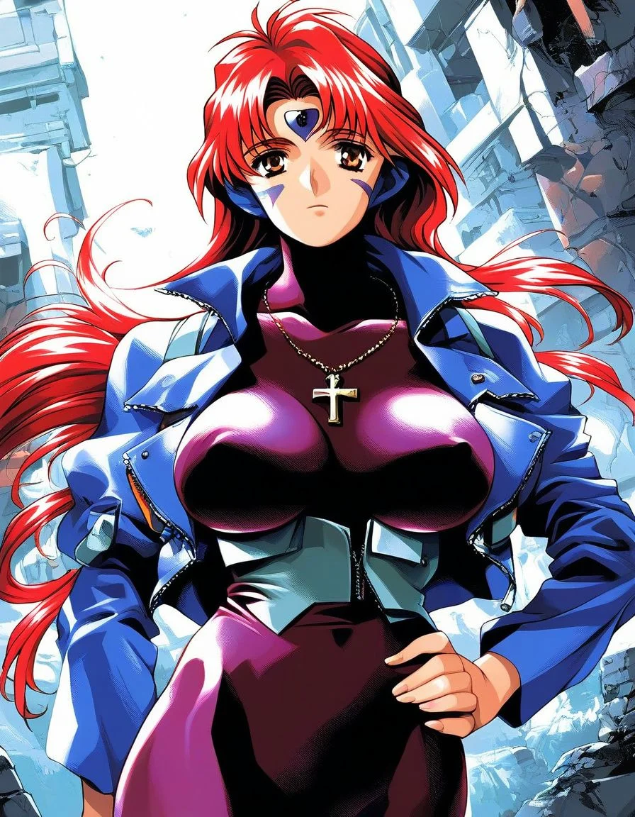 score_9, score_8_up, score_7_up, source_anime, rating_explicit, BREAK  <lora:Takeda_Eriko_XL:1>
TakedaEriko, red hair, long hair, large breasts,
TakedaEriko, 1girl, solo,  hand on hip,  jewelry, facial mark, breasts, necklace, brown eyes, looking at viewer, forehead mark, cross, jacket, bodysuit, dress