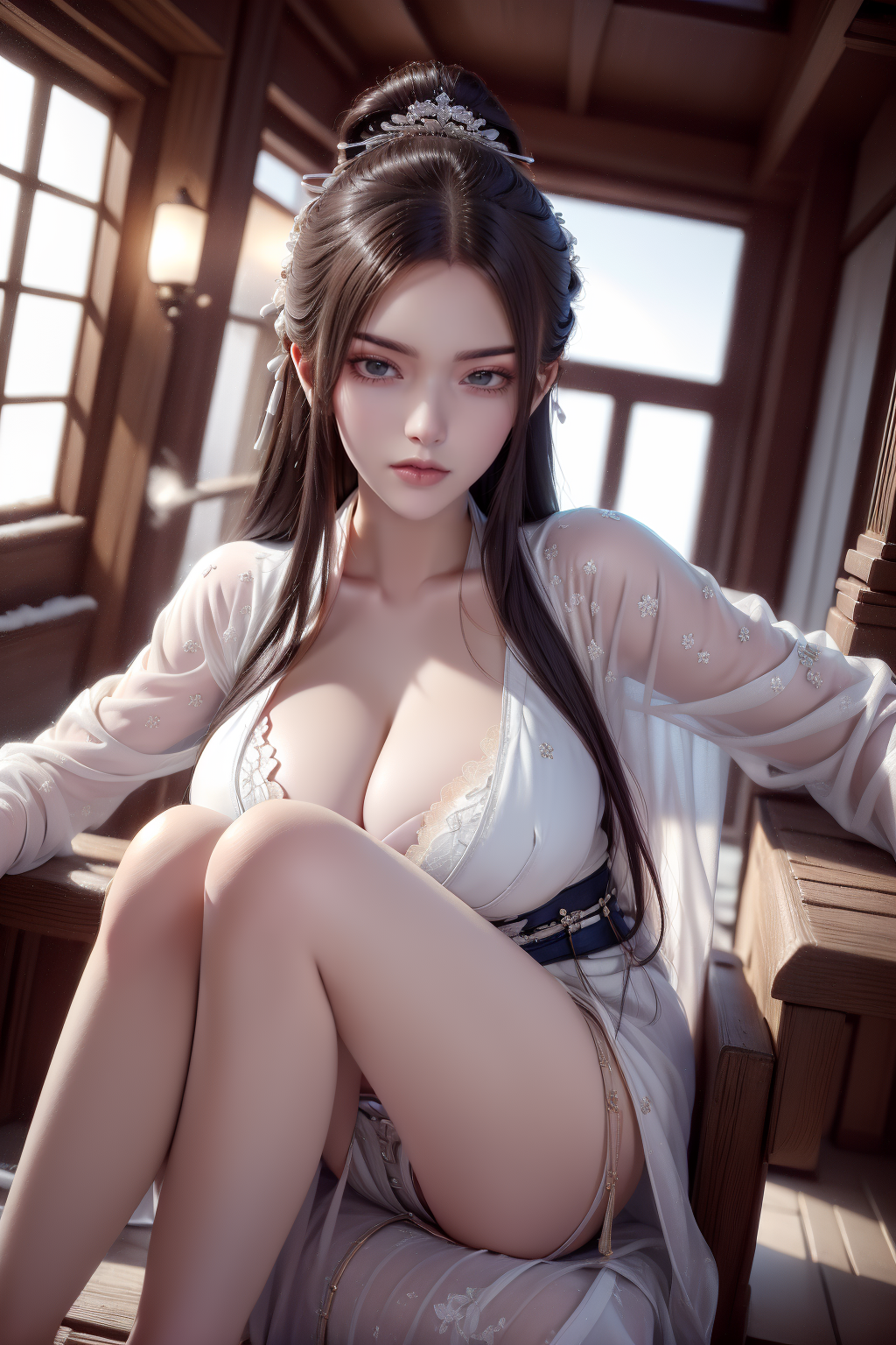 1girl, garter_straps, high_heels, breasts, underwear, solo, thighhighs, black_hair, garter_belt, standing, looking_at_viewer, cleavage, long_hair, lace_trim, lace, nail_polish,<lora:MIAOKA_fangqingxue_v1.0:1>fqx