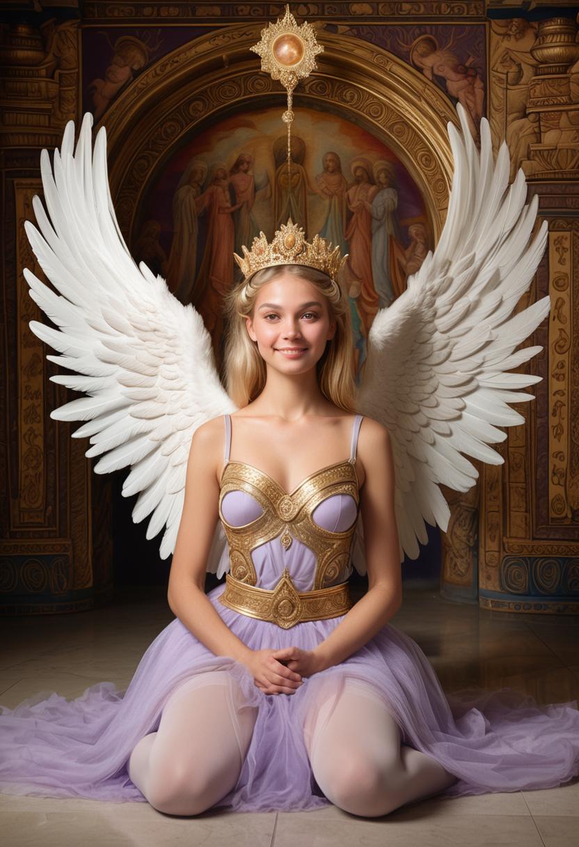 (medium full shot) of (divine angel with feathered wings and an angel halo) young woman, tiny build, medium blonde updo hair, persian, tan skin, light brown eyes,  wearing a ethereal tiara crafted from moonlight, ethereal lavender seraphic tunic with with golden sash, flowing tulle skirt, gold stockings, pink ballet flats, carrying a gilded scepter adorned with celestial symbols, set in  divine temple, Celestial Chamber, Sacred space with celestial murals adorning the walls, a divine throne carved from pure ivory, celestial orbs suspended from the ceiling emitting a soft glow, intricately embroidered tapestries, soft silk cushions for meditation , woman smiling, detailed face, ,Masterpiece,best quality, raw photo, realistic, very aesthetic