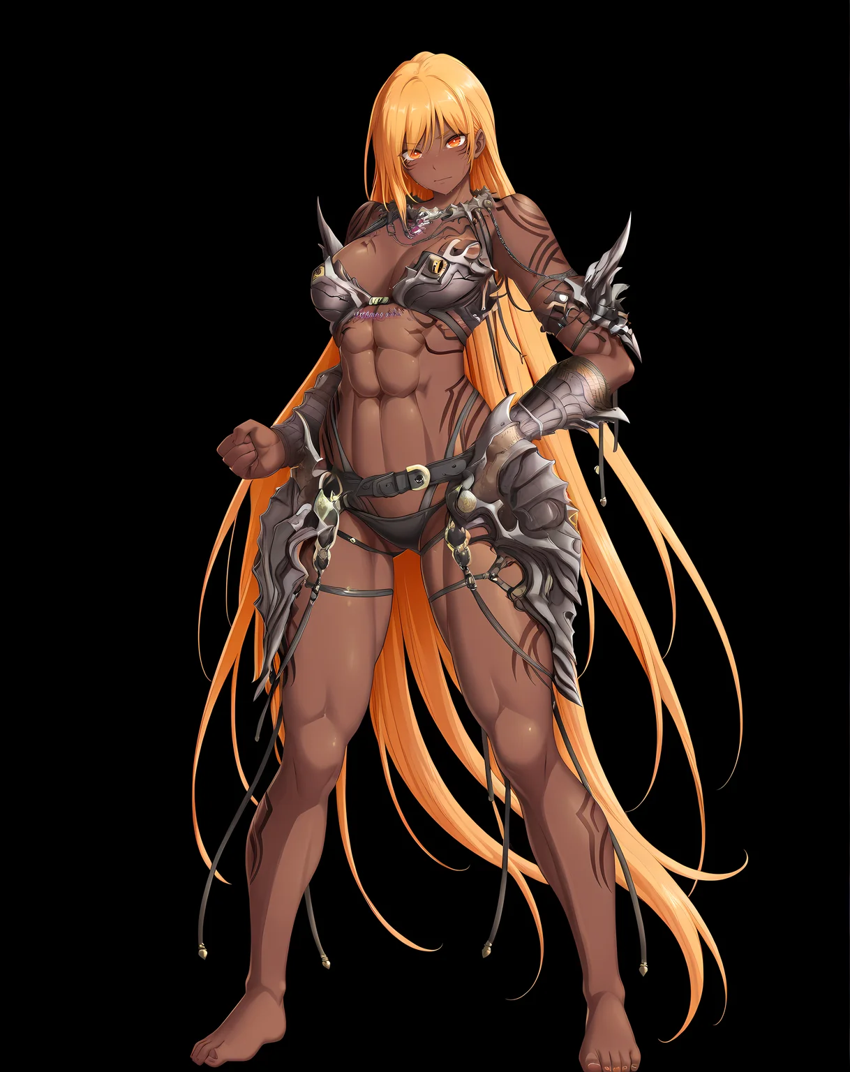<lora:AgnaGaretta:1>,agna,dark-skinned female,abs,very long hair,orange eyes,blonde hair,muscular,abs,tattoo,black background,full body,base outfit,barefoot,, masterpiece,best quality,amazing quality, very aesthetic, absurdres,detailed eyes,ultra-detailed,