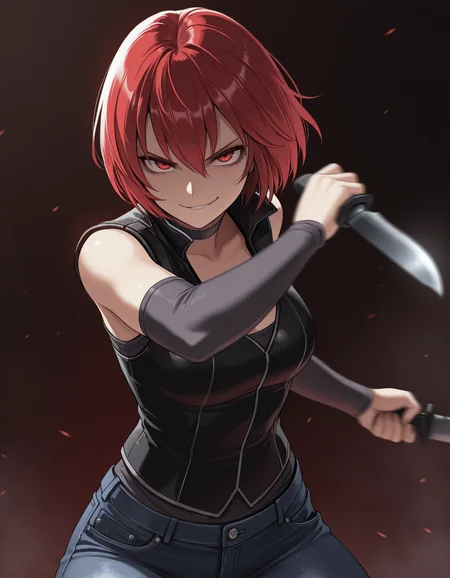 <lora:regina-dino-crisis-illustrious-000008:1> solo, regina, black jacket, jeans, detached sleeves,
knife, incoming attack, smirk, motion blur, cinematic lighting, upper body, dramatic, masterpiece,best quality,amazing quality