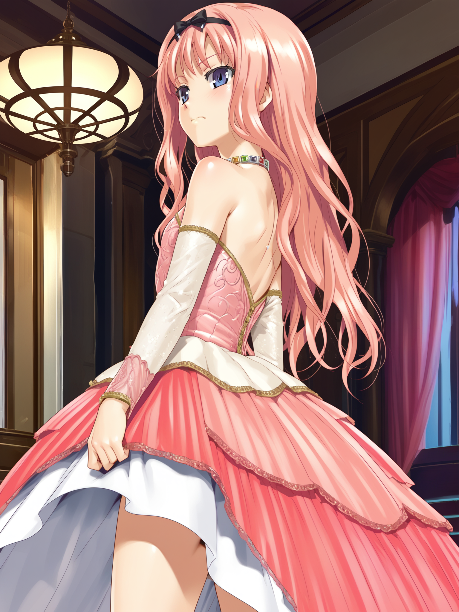<lora:happy_tentacle-cecile-v0.1-000039:0.9>, ht_cecile, pink dress, layered dress, necklace, ballroom , 1girl, solo, cowboy shot, thighs , , ((wavy mouth:0.8) :1.1), , looking back , standing , from side , score_9, score_8_up, score_7_up, score_6_up, score_5_up, score_4_up