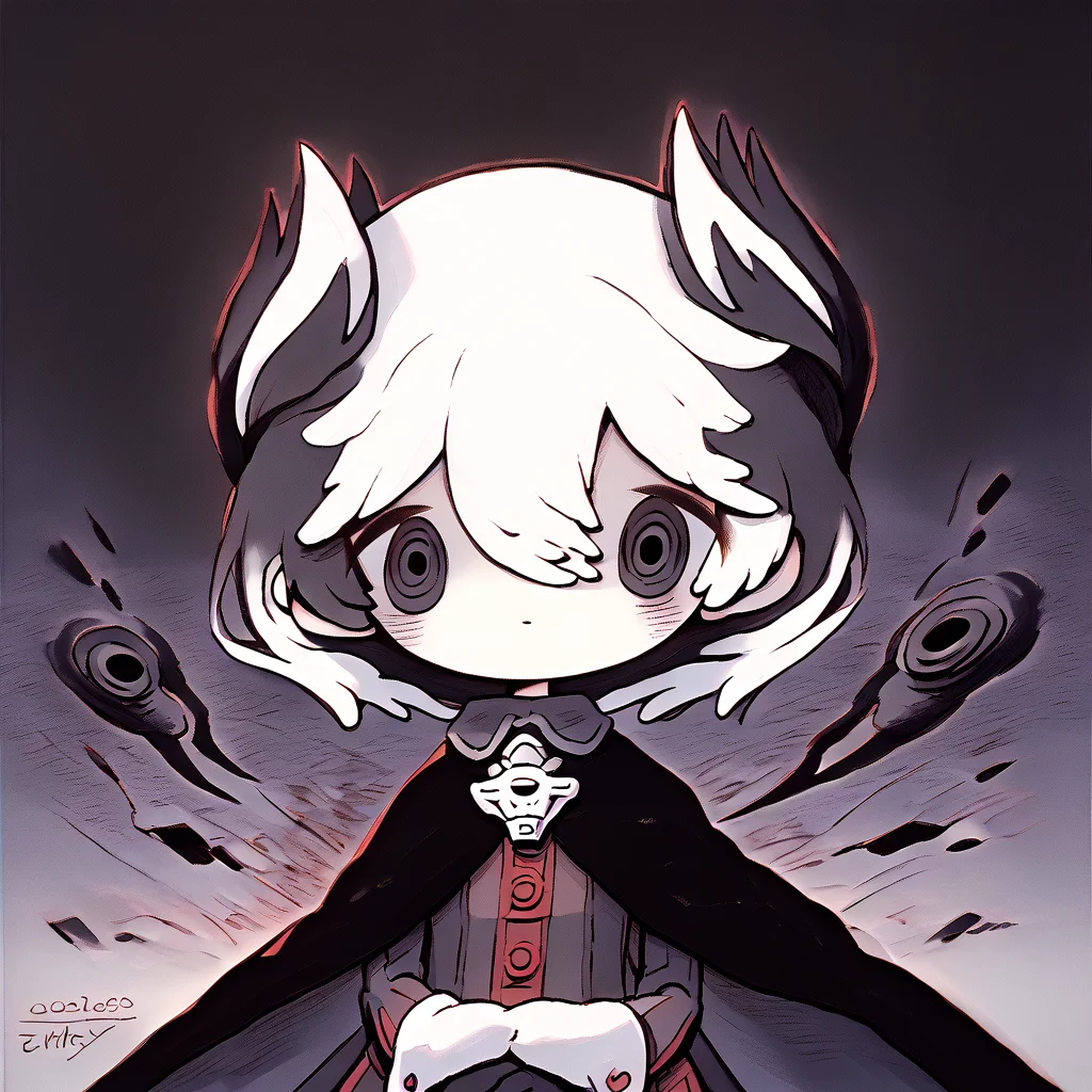 <lora:zukky000:1.5> 1girl, solo, <lora:madeinabyss_ozen_ponyXL:1> ozen, black cape, black jacket, long sleeves, black gloves, black pants, whistle, two-tone hair, black hair, white hair, black eyes