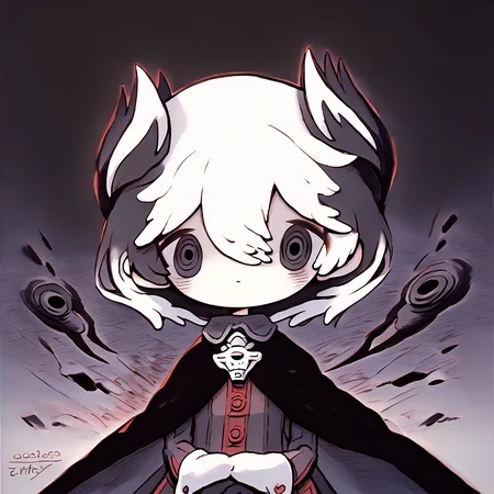 <lora:zukky000:1.5> 1girl, solo, <lora:madeinabyss_ozen_ponyXL:1> ozen, black cape, black jacket, long sleeves, black gloves, black pants, whistle, two-tone hair, black hair, white hair, black eyes