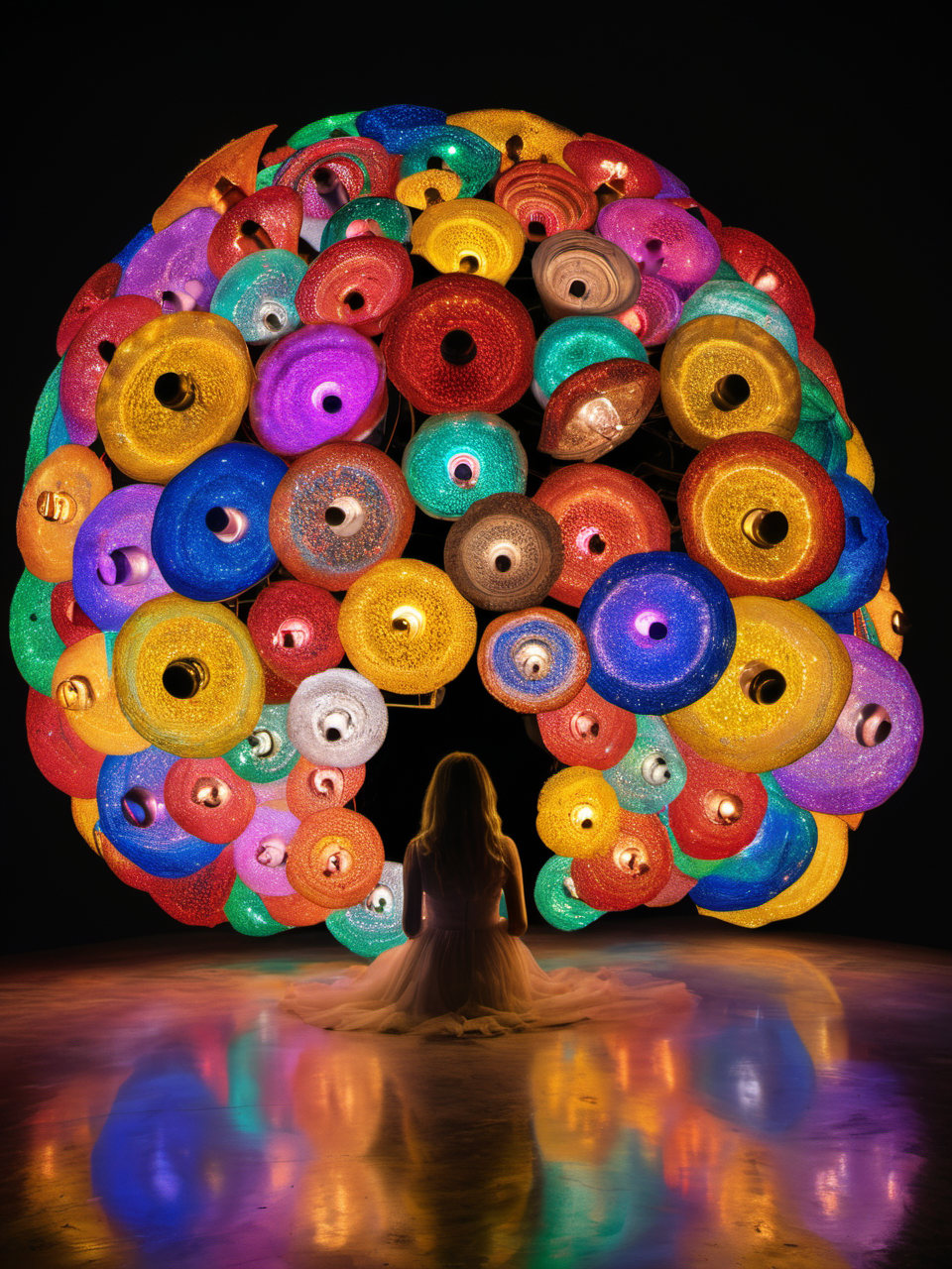 create an award-winning photograph of colored lights using an original and unconventional theme that captivates and amazes the viewer. Push boundaries of traditional concepts,infusing the image with creativity and wonder,leaving a lasting impression on those who behold it. Added whimsical detail,chaos turned to manifested beauty,