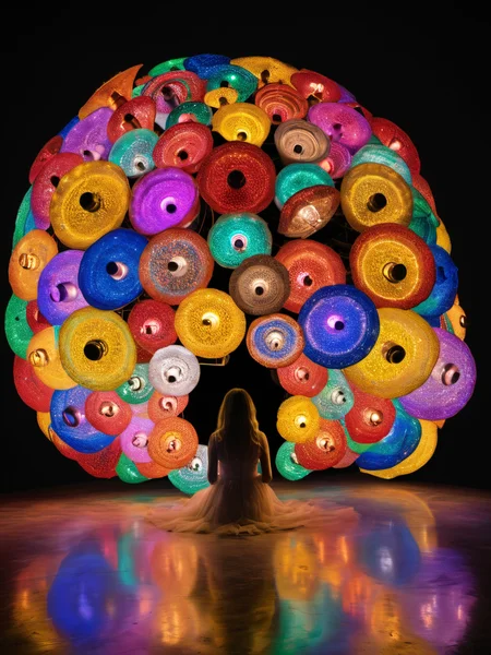 create an award-winning photograph of colored lights using an original and unconventional theme that captivates and amazes the viewer. Push boundaries of traditional concepts,infusing the image with creativity and wonder,leaving a lasting impression on those who behold it. Added whimsical detail,chaos turned to manifested beauty,