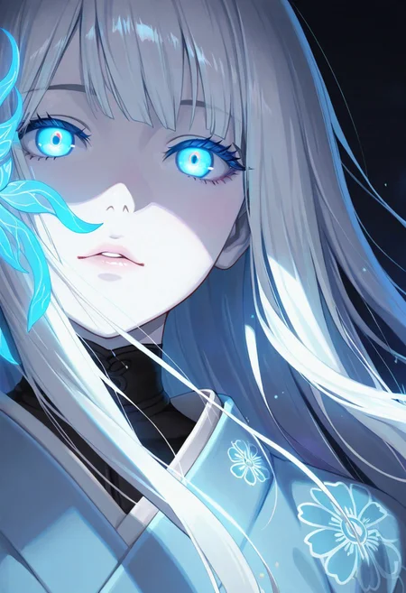 masterpiece, best quality, highly detailed, anime, 1girl, solo, close-up, serene anime girl with pale white skin, colored skin, (white skin:1.3), very long hair, long hair, long glossy white hair with bangs, glowing blue eyes with a hypnotic sparkle, soft cinematic warm lighting casting gentle shadows, wearing a light blue kimono with subtle floral patterns, mysterious and cozy atmosphere, detailed hair texture with sharp lines, vibrant colors, dark background, highres, focus on glowing eyes, intricate details, --ar 9:16, --v 5, --q 2, negative prompt: low quality, blurry, distorted, extra limbs