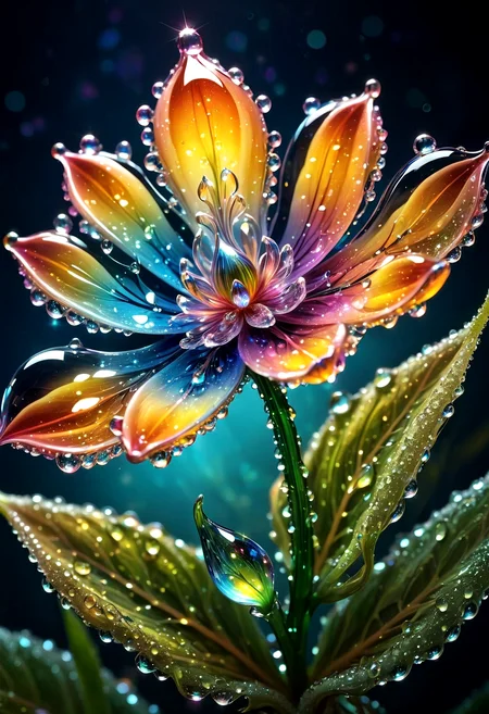 macro photo, sparkling magical fantasy glass flower dewdrop, very detailed, amazing quality, intricate, cinematic light, highly detail, beautiful, surreal, dramatic, galaxy fantasy colors,  <lora:SDXLFaeTastic2400:0.5>