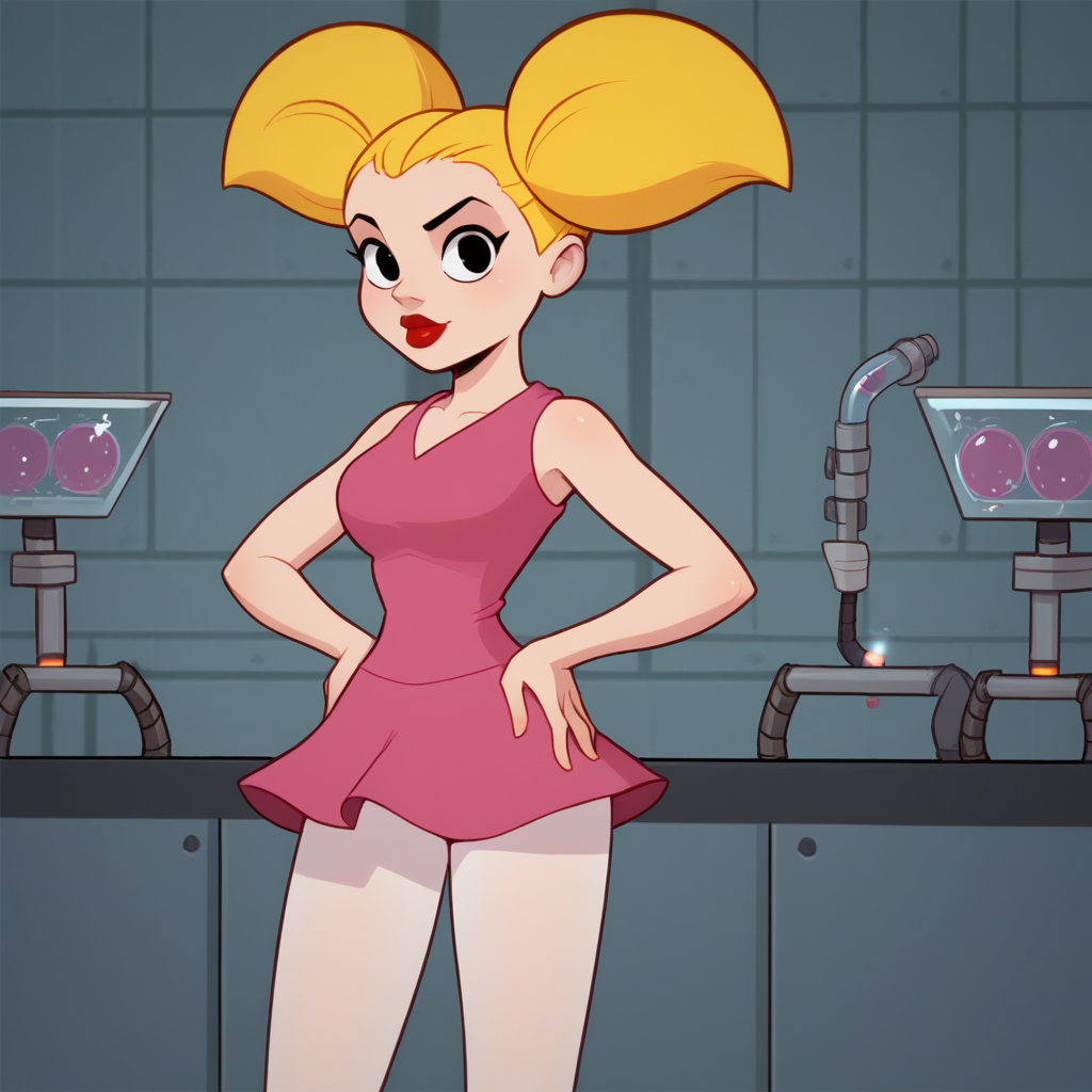 score_8_up, BREAK,  Candi, 1girl, solo, blonde hair, twintails, black eyes, red lips, pink dress, sleeveless, white pantyhose,  <lora:Candi_DexterLab_PXL_Leaf1:1>, cowboy shot, hands on own hips,  laboratory, looking at viewer, arms at sides,