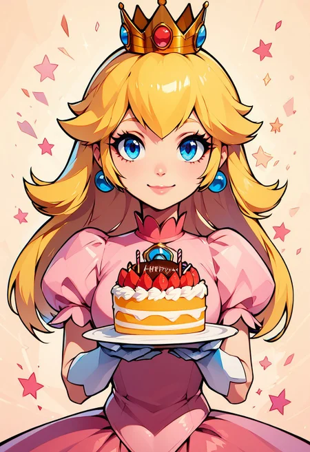 score_9, score_8_up, score_8, medium breasts, (curvy), cute, eyelashes,     
rating safe, 
holding a birthday cake, Happy birthday theme, 
BREAK,
 princess peach, blonde hair, blue eyes, smile, long hair, crown, dress, gem, gloves, pink dress, puffy short sleeves, puffy sleeves, short sleeves, white gloves,
BREAK,
smile, looking at viewer, upper body, 
abstract background, 
zPDXL, Expressiveh