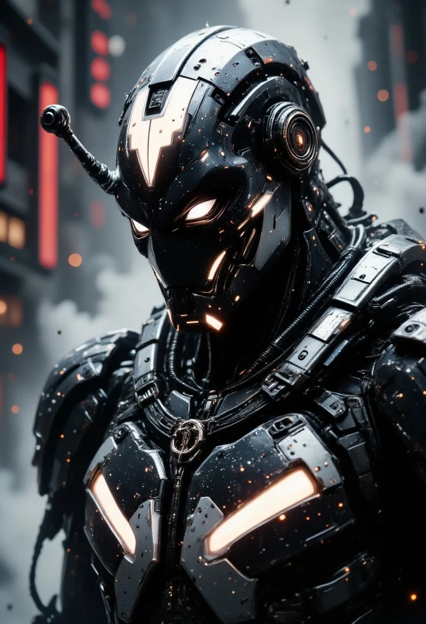 masterpiece,  masterpiece, closeup view of a high-end battle robot, mirrored black and white armor, reflective faceplate, glowing circuitry, robot joints and cables, masterpiece, perfect composition, dark city background, silhouetted, directional light, aidmafluxpro1.1