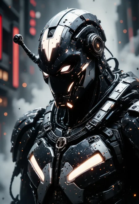 masterpiece,  masterpiece, closeup view of a high-end battle robot, mirrored black and white armor, reflective faceplate, glowing circuitry, robot joints and cables, masterpiece, perfect composition, dark city background, silhouetted, directional light, aidmafluxpro1.1